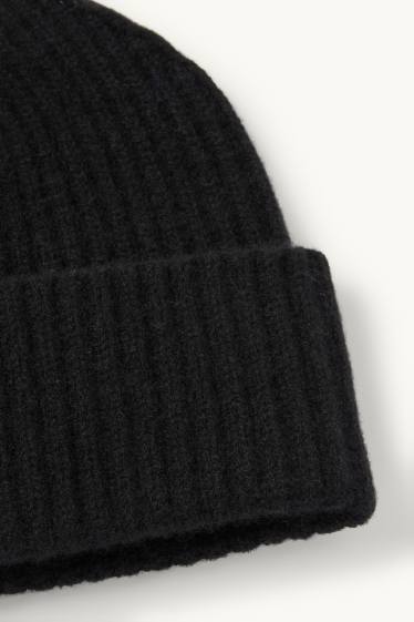 Dames - Beanie van kasjmier - geribd - zwart
