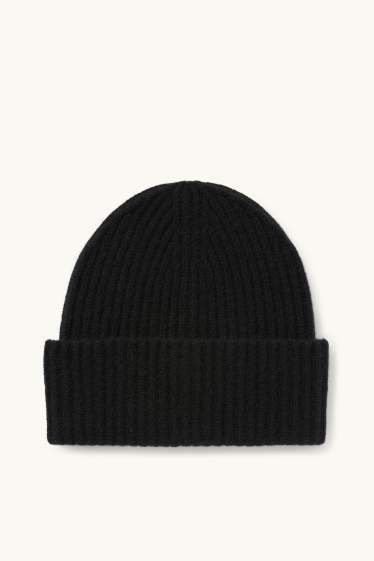 Dames - Beanie van kasjmier - geribd - zwart