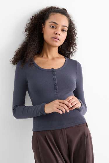 Dámské - Krátké tričko ve stylu henley - slim fit - tmavomodrá