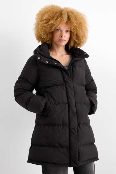 Dames - Mantel met stiksels en capuchon - waterafstotend - zwart