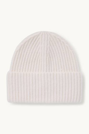 Damen - Kaschmir-Mütze - gerippt - cremeweiß