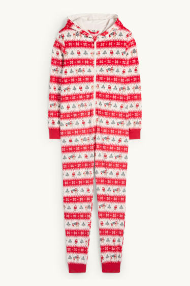 Dames - Mini-Me - dames-onesie voor de kerst, met capuchon - met patroon - wit / rood