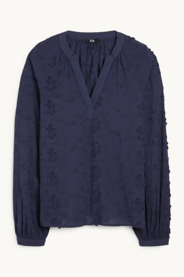 Dames - Blouse met V-hals - donkerblauw