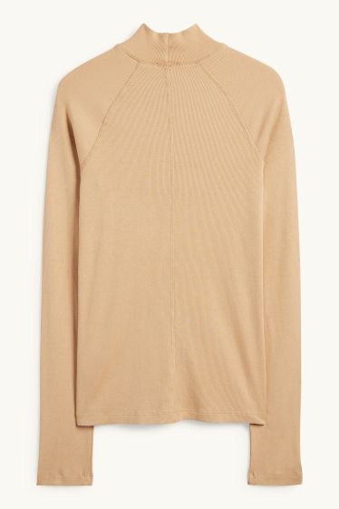 Damen - Langarmshirt - Slim Fit - gerippt - hellbeige