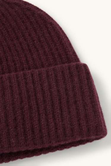 Femmes - Beanie en cachemire - finition côtelée - bordeaux