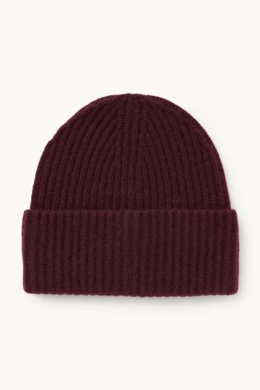 Femmes - Beanie en cachemire - finition côtelée - bordeaux
