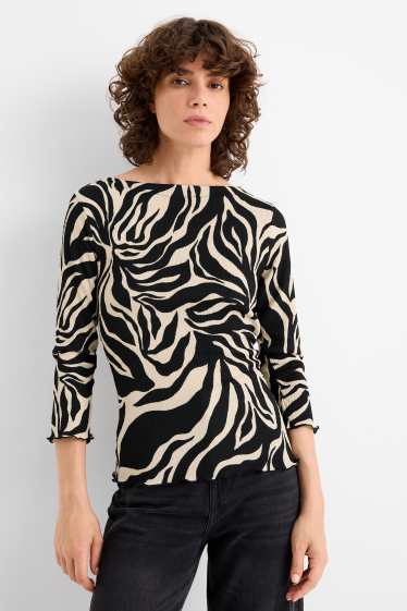 Donna - Maglia a maniche lunghe - fantasia - tessuto tramato - nero / beige