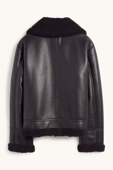 Damen - Faux Shearling Jacke - Lederimitat - schwarz