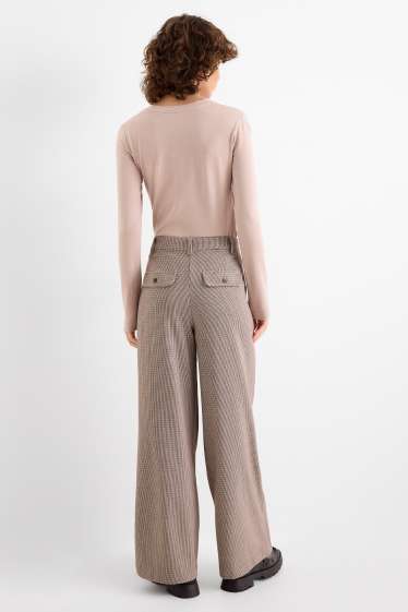 Dames - Pantalon - mid waist - wide leg - geruit - beige