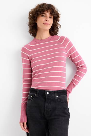 Women - Fine knit jumper - striped - pink