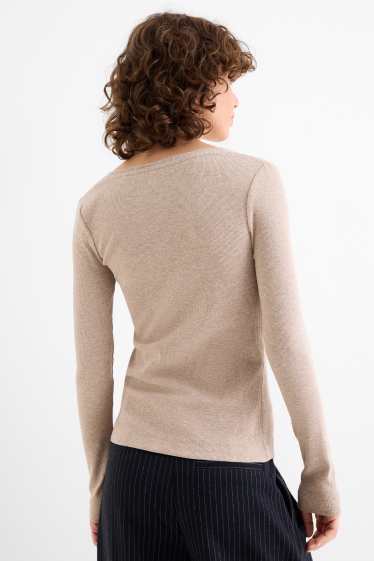 Women - Henley T-shirt - slim fit - ribbed - light brown