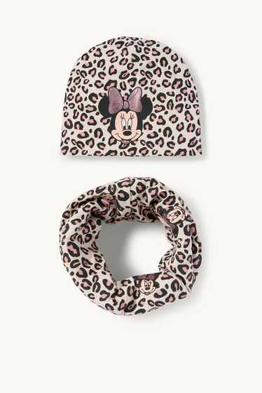 Copii - Fete - Minnie Mouse - set - fes și fular circular - imprimeu de leopard - bej