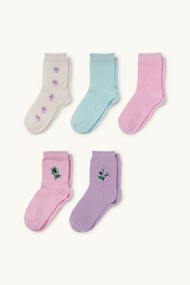 Kinder Mädchen - Multipack 5er - Blume - Socken mit Motiv - hellviolett