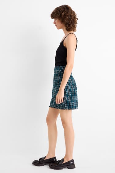 Damen - Bouclé-Minirock - kariert - dunkelgrün