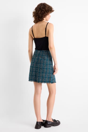 Damen - Bouclé-Minirock - kariert - dunkelgrün