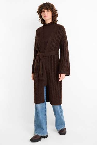 Dámské - Pletený kardigan - s copánkovým vzorem - tmavohnědá
