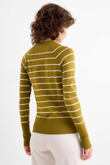 Femei - Pulover din tricot fin - cu dungi - galben muștar