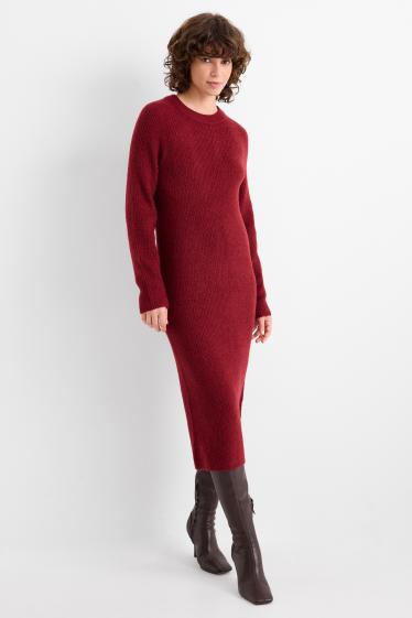 Damen - Strickkleid - gerippt - dunkelrot