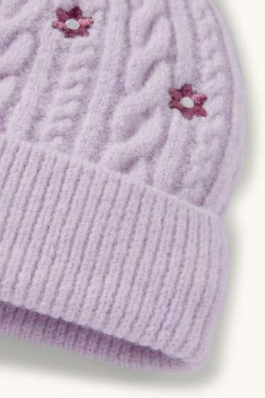 Copii - Fete - Flori - căciulă cu ciucure - cu torsade - violet deschis