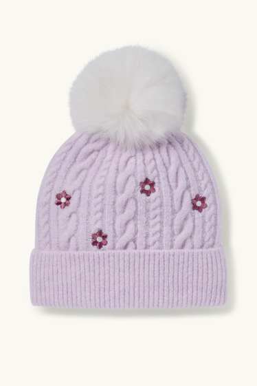 Copii - Fete - Flori - căciulă cu ciucure - cu torsade - violet deschis