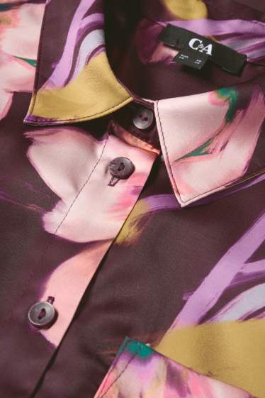 Donna - Blusa di raso - a fiori - porpora