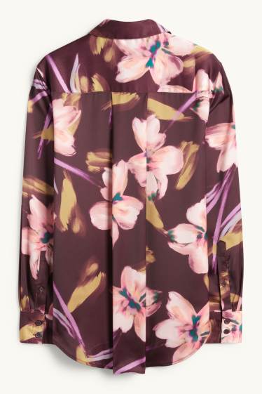 Donna - Blusa di raso - a fiori - porpora