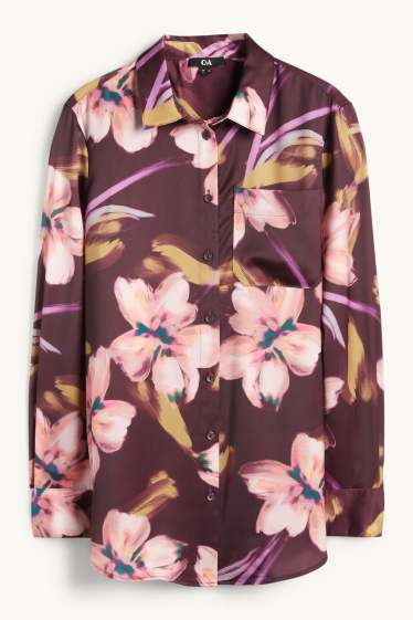 Donna - Blusa di raso - a fiori - porpora
