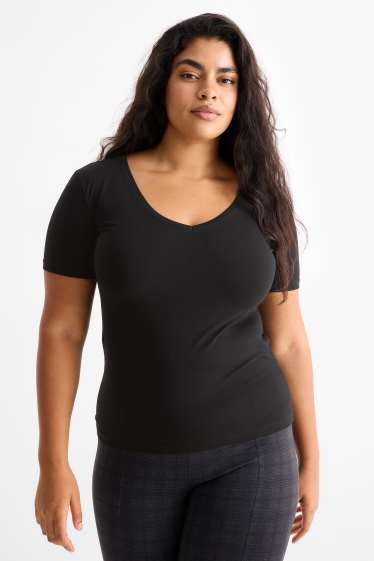 Damen - Multipack 3er - T-Shirt mit V-Ausschnitt - Slim Fit - schwarz