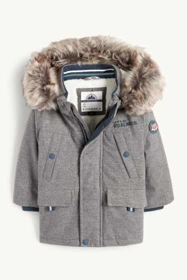 Miminka - chlapci - Motiv lištičky - parka pro miminka s kapucí a lemem z umělé kožešiny - taupe