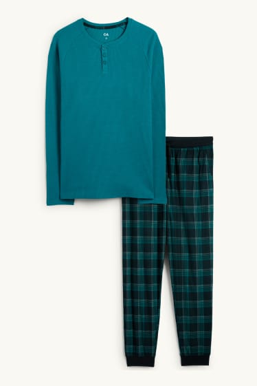 Heren - Pyjama met flanellen broek - donkerturquoise