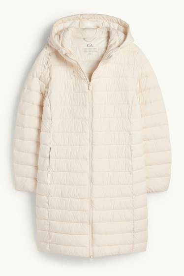 Dámské - Prošívaný kabát s kapucí - krémové barvy