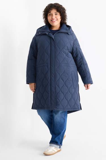 Women - Quilted coat with hood - dark blue
