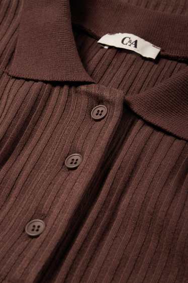 Femmes - Polo - slim fit - finition côtelée - marron foncé