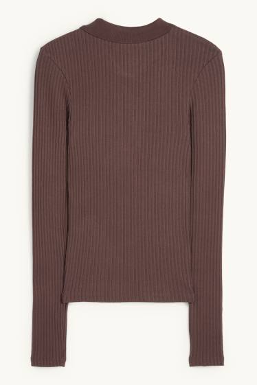 Femmes - Polo - slim fit - finition côtelée - marron foncé