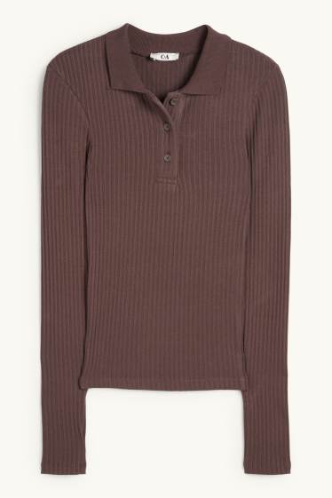 Femmes - Polo - slim fit - finition côtelée - marron foncé