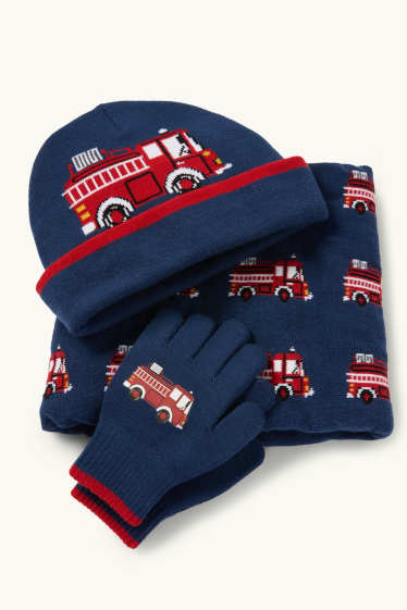 Niños - Bomberos - conjunto - gorro, bufanda tubular y guantes - azul oscuro