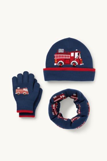 Niños - Bomberos - conjunto - gorro, bufanda tubular y guantes - azul oscuro