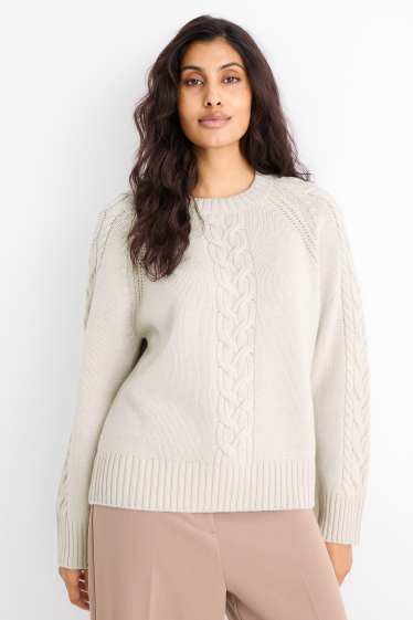 Donna - Maglione di cashmere - motivo a treccia - grigio chiaro