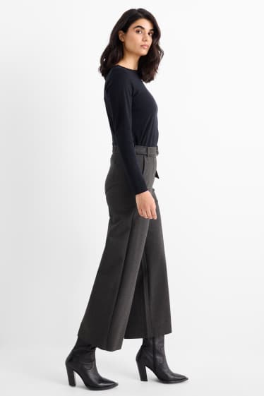 Dames - Broek van jersey, met riem - high waist - wide leg - donkergrijs