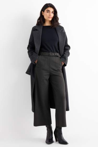 Dames - Broek van jersey, met riem - high waist - wide leg - donkergrijs