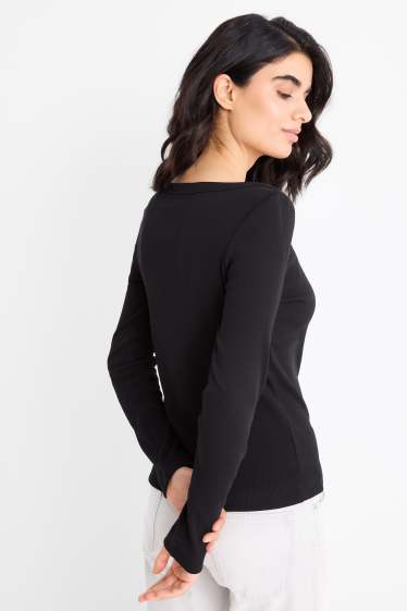 Dámské - Tričko s dlouhým rukávem - slim fit - žebrované - černá
