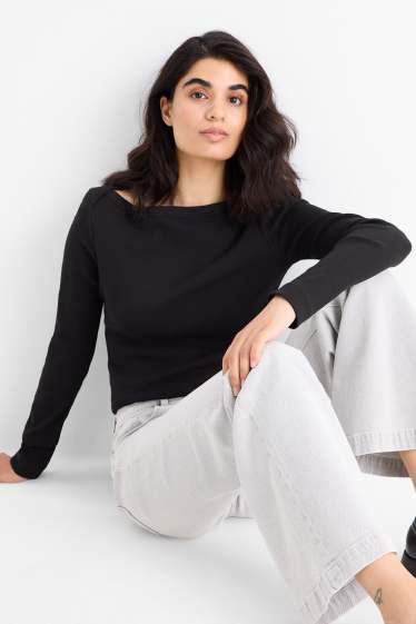 Dámské - Tričko s dlouhým rukávem - slim fit - žebrované - černá