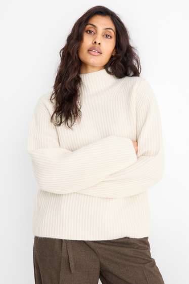 Femmes - Pull en cachemire - finition côtelée - blanc crème