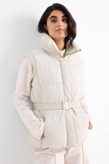 Femmes - Doudoune sans manches avec ceinture - gris clair