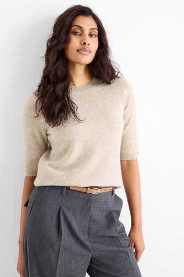 Mujer - Jersey de punto de cachemir - manga corta - beige claro
