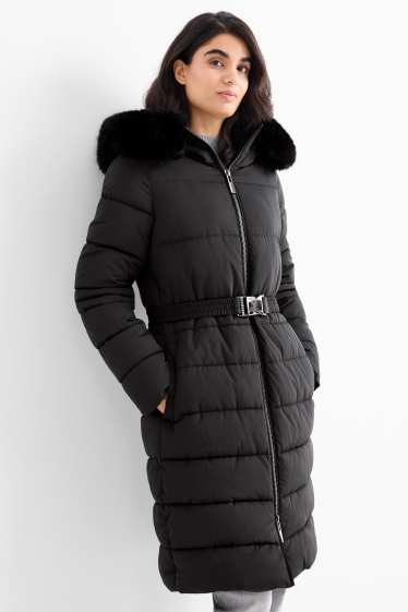 Women - Quilted coat with belt, hood and faux fur trim - black