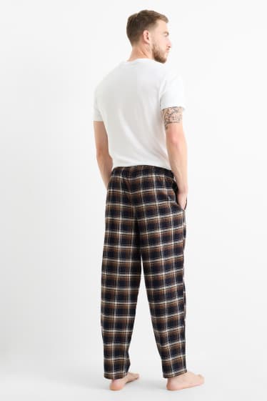 Heren - Flanellen pyjamabroek - geruit - bruin / donkerblauw