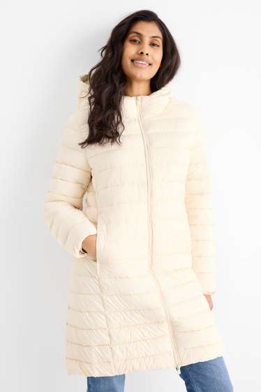 Dámské - Prošívaný kabát s kapucí - krémové barvy