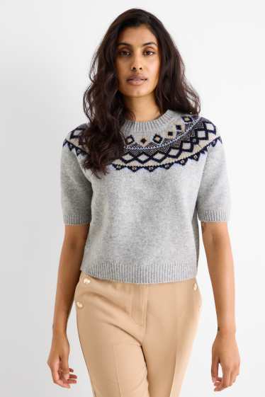 Damen - Strickpullover - kurzarm - hellgrau-melange