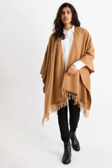 Femmes - Poncho à franges - marron clair